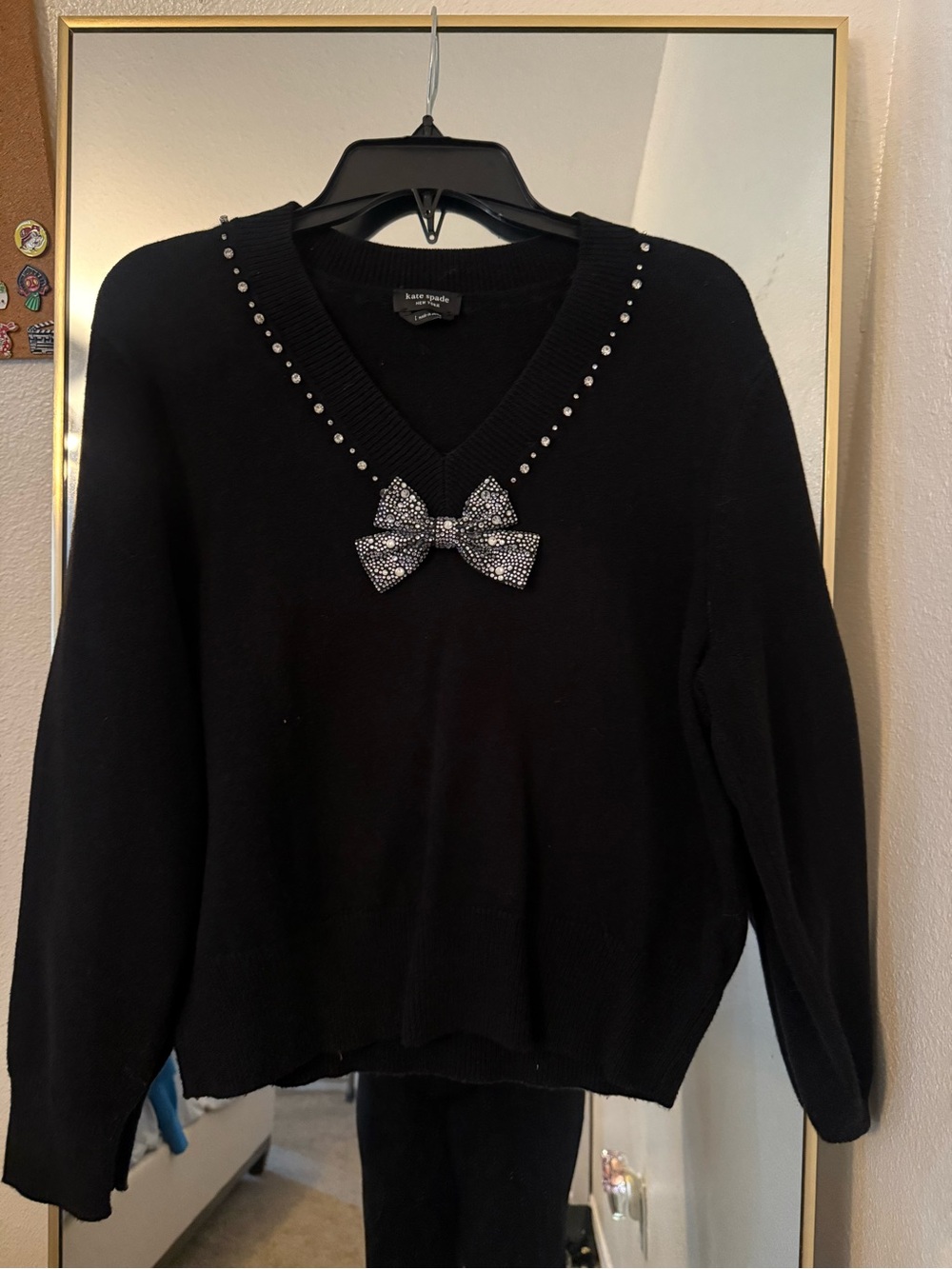 kate spade Black V-Neck Sweater with Crystal Bow Accent